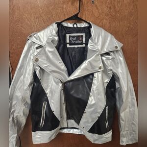 Real Leather Women's Metallic Silver and Black Jacket
